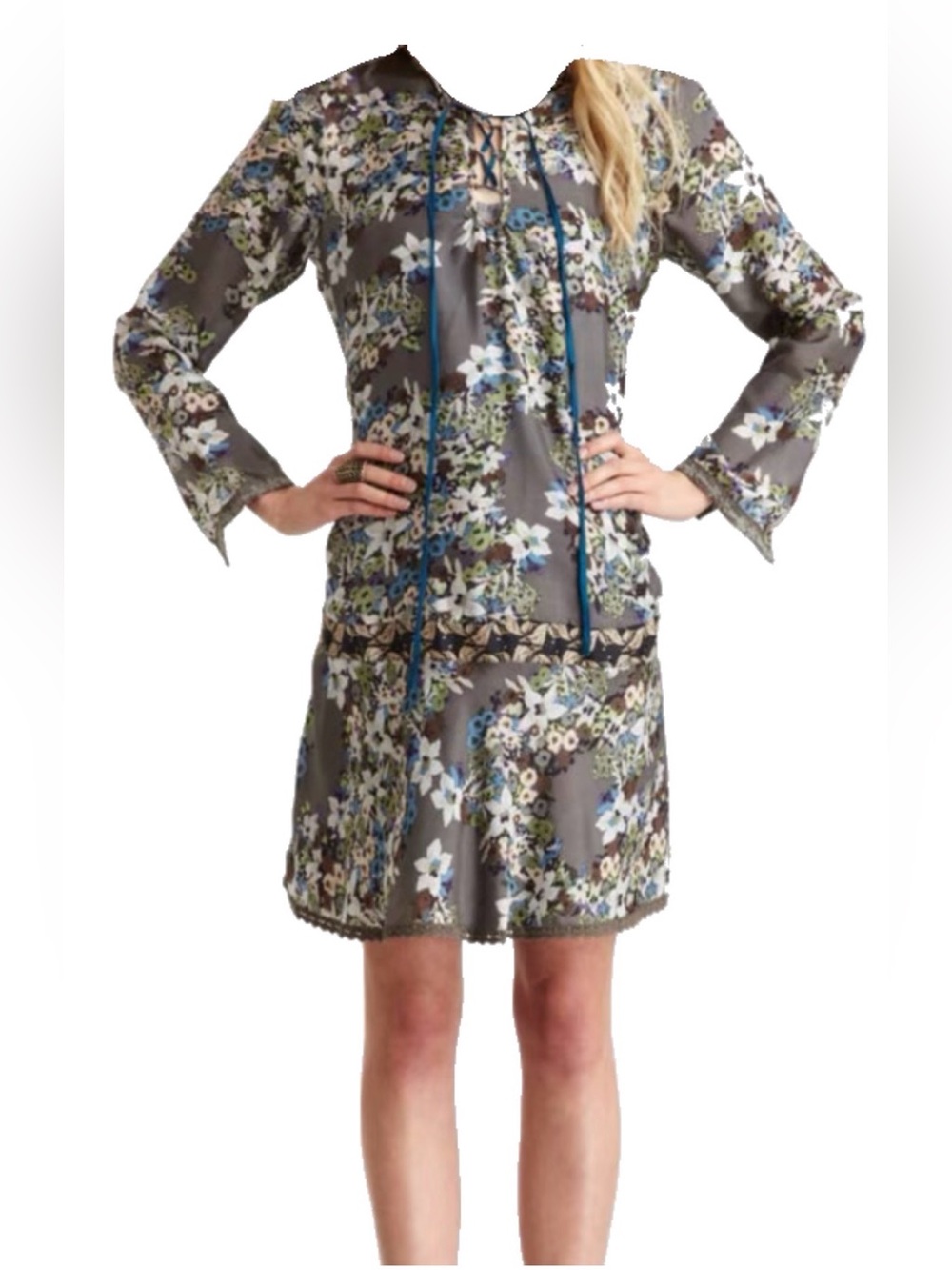 Johnny Was NWOT Silk Floral Lace-Up Dress Gray Blue Small Boho